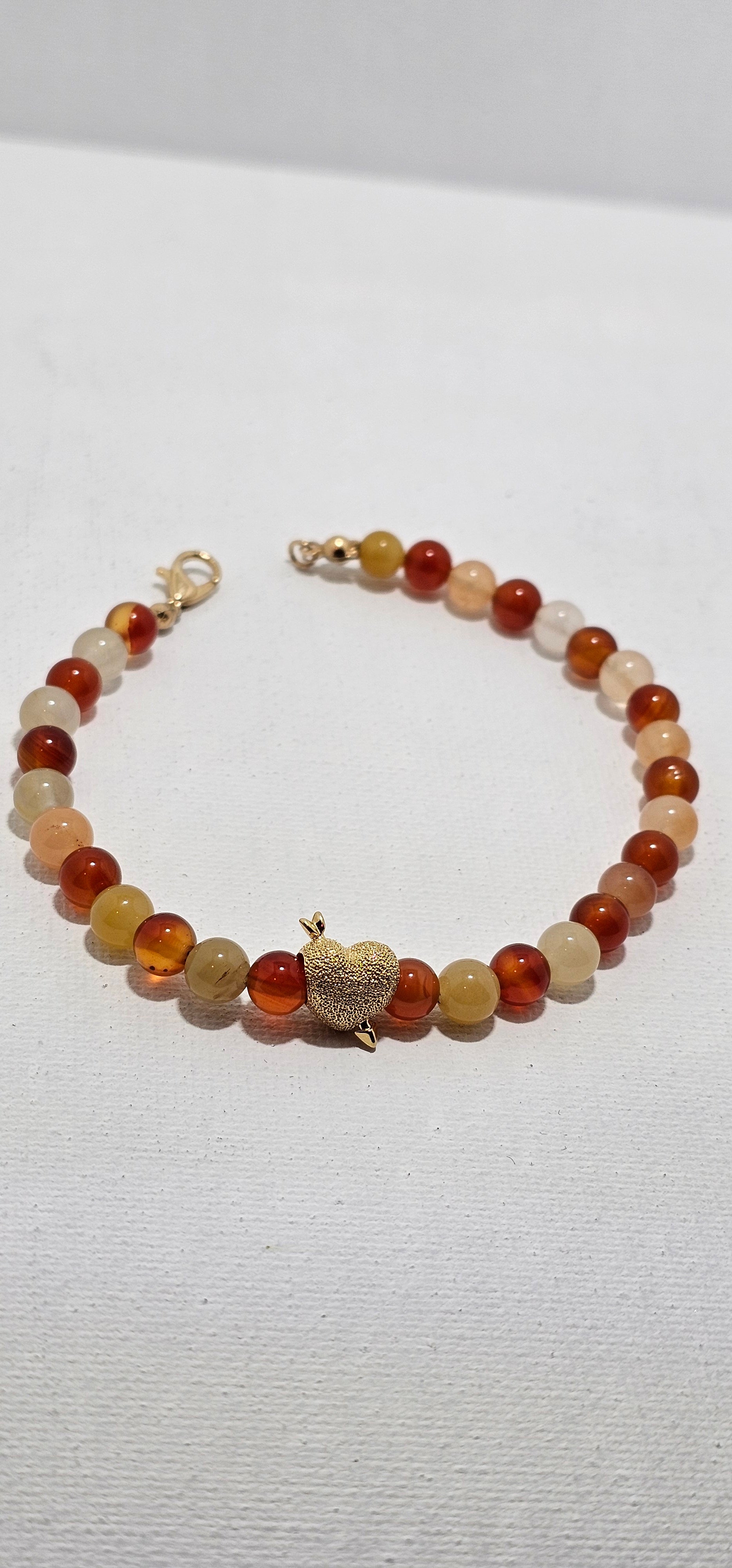 Carnelian & Yellow Jade Bracelet with 14k Gold Heart Charm