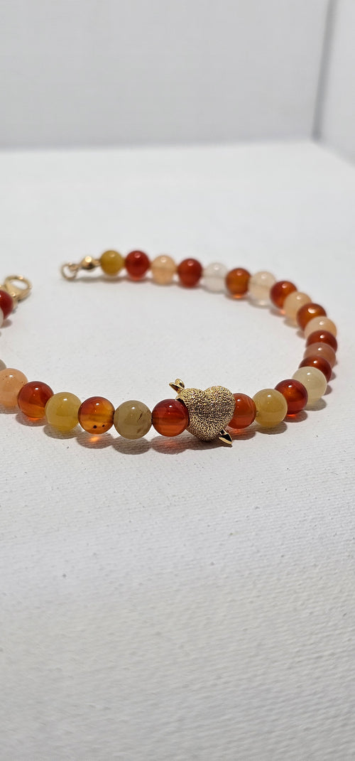 Carnelian & Yellow Jade Bracelet with 14k Gold Heart Charm