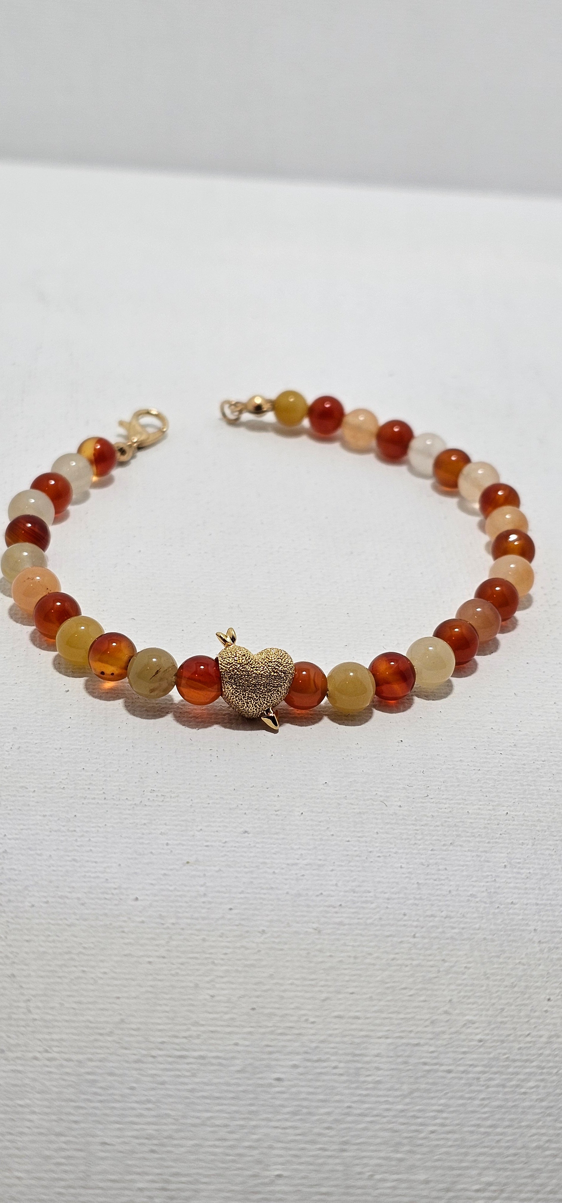 Carnelian & Yellow Jade Bracelet with 14k Gold Heart Charm